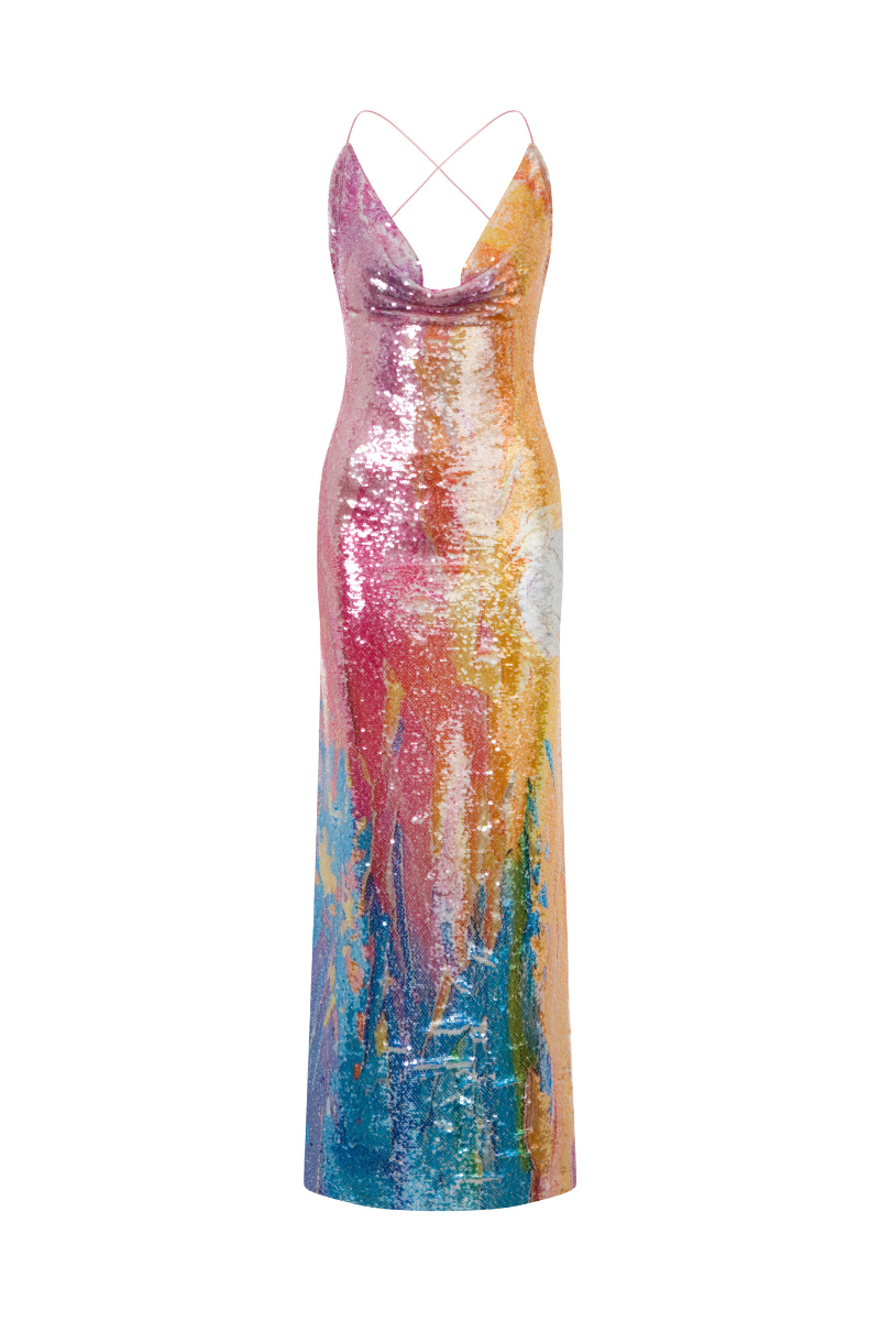 Sudi Etuz maxi backless sequin dress in summer gradient with shimmering sequins and flowing silhouette.