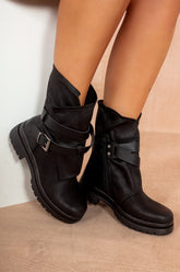Hanora Black Leather Look Chunky Ankle Boots
