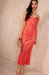 Selena Orange Satin Leopard Midi Dress