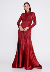 Long Sleeve Maxi Satin Fit & Flare Regular Prom Dress gzk7014 - Prom Dress - Istanbul Fashion Center