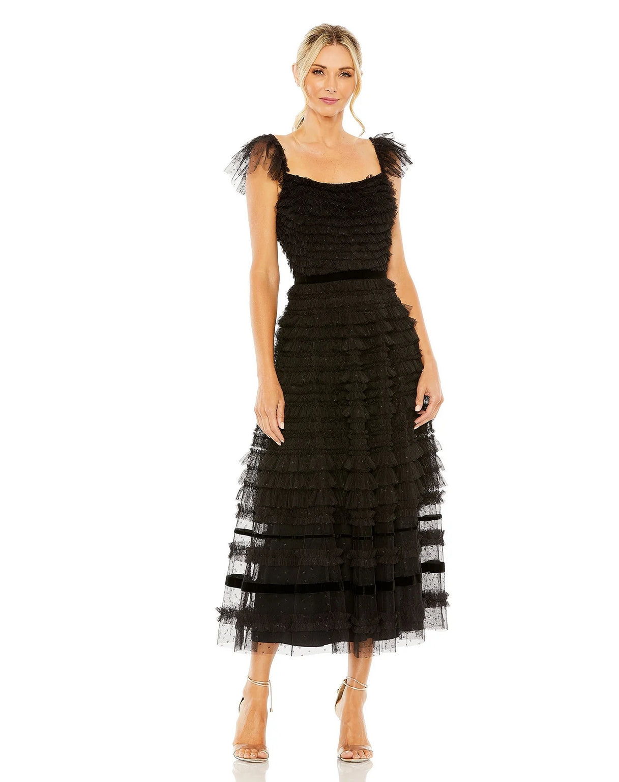 Cocktail Dresses Ruffle Cap Sleeve Embellished Tiered Midi Dress Black