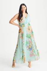 Amelia Aqua Print Mesh Maxi Dress
