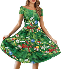 AmzPrint Ugly Christmas Party Dress Women A-line Midi Rockabilly Swing Dresses for Womens Xmas Costumes