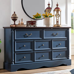 8 Drawers, 54" Wide Farmhouse Chest of Drawers with Charging Station, Refined Blue Finish Design, Modern Storage Organizer TV Stand for Bedroom, Living Room, Hallway, Indigo Blue
