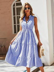 Women's Dresses Striped Print Notched Neck -line Dress Dress for Women(Blue and White,Large)