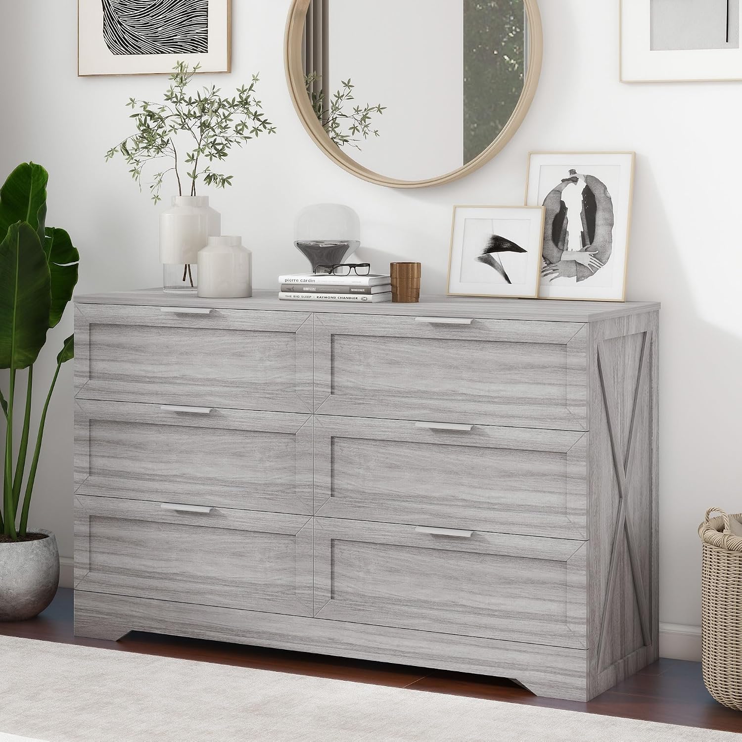 FTZxHKLX Modern 6-Drawer Dresser for Bedroom, Dresser Chest of Drawer with Large Drawers & Silver Handles, Wooden Dressers Drawers Storage Unit for Bedroom, Living Room, Closet (Wash Grey)