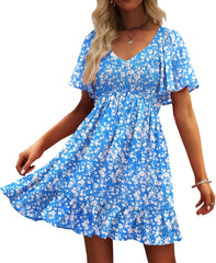 UEAL Womens Cute Floral Smocked V Neck Flutter Sleeve Sundress with Pockets Casual Spring Summer Dresses for Women 2026