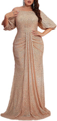 meilun Plus Size Off Shoulder Sequins Formal Evening Gowns with Puff Sleeve 1920s Prom Wedding Guest Dresses (A-Champagne,2XL)