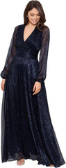 Betsy & Adam Women's Betsy & Adam Women's Long Sleeve V-Neck, Floor-Length, Metallic Knit Wrap Dress