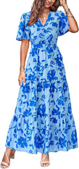 MASCOMODA Womens Summer Swiss Dot Maxi Dresses Wrap V Neck Flutter Short Sleeve Boho Casual Flowy Long Wedding Guest Dress