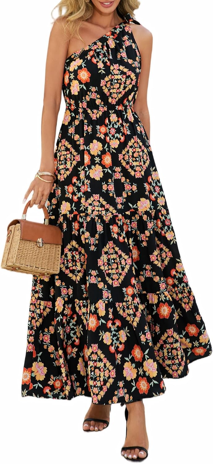 PRETTYGARDEN Women's Summer Floral One Shoulder Maxi Dress Knot Ruffle Boho Beach Vacation Wedding Guest Long Sun Dresses