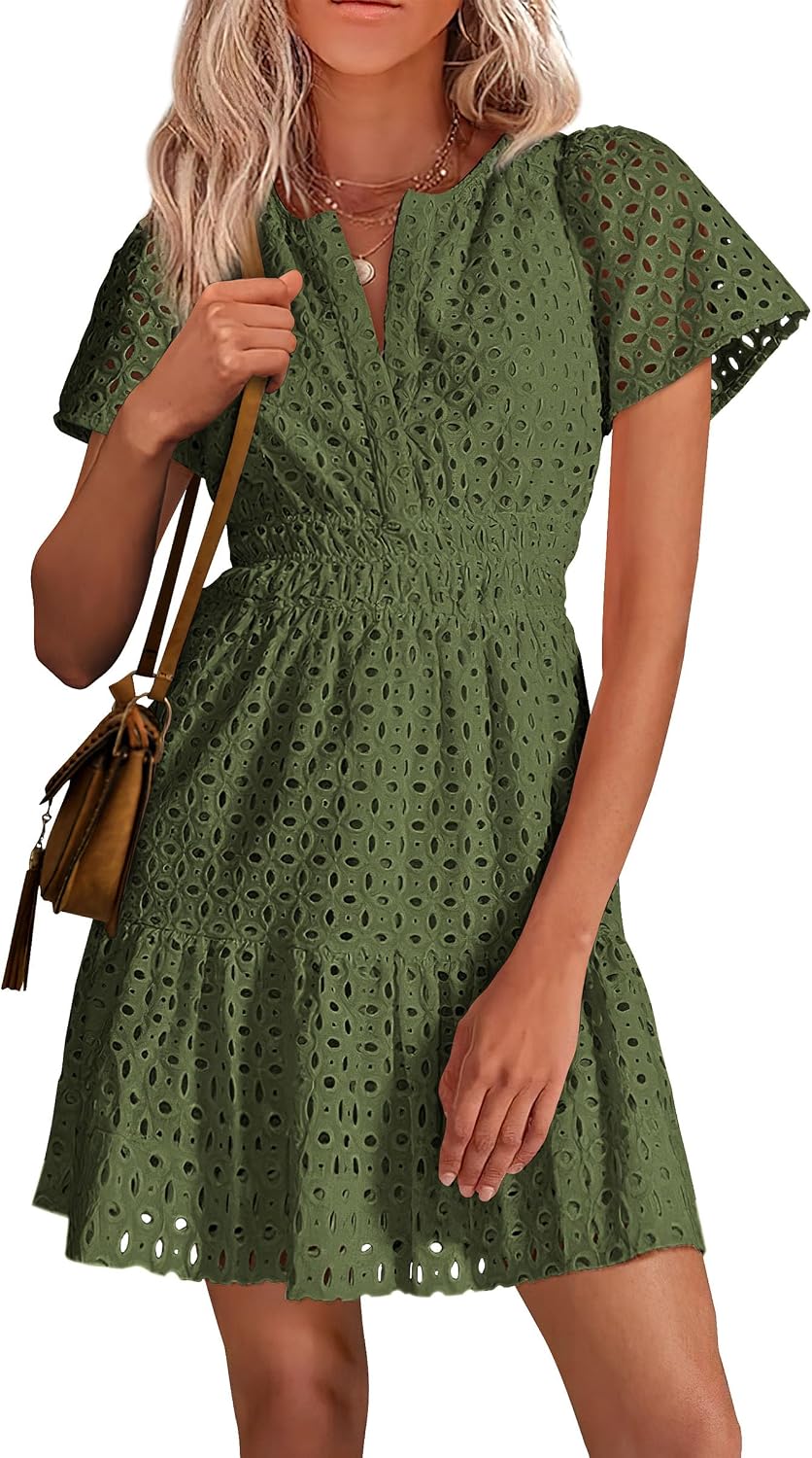 PRETTYGARDEN Womens 2026 Summer Short Dress V Neck Short Sleeve A Line Hollow Out Lace Cute Casual Beach Party Spring Dresses