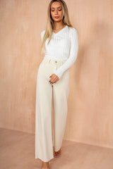 Idril White Ribbed Knit V Neck Top