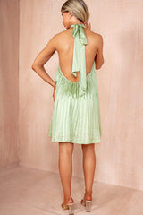 Georgia Green Satin Halterneck Pleated Dress