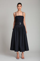 Drop waist stretch midi denim belted dress with adjustable straps - Shop designer women's midi dresses by Avec Les Filles