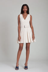 Sleeveless white denim dress in cotton blend with a removable belt and V-neck - Shop cute mini dresses by Avec Les Filles