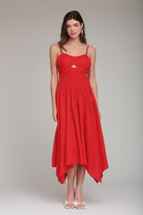 Linen blend red midi dress with sweetheart neck and adjustable straps - Shop cute midi dresses by Avec Les Filles