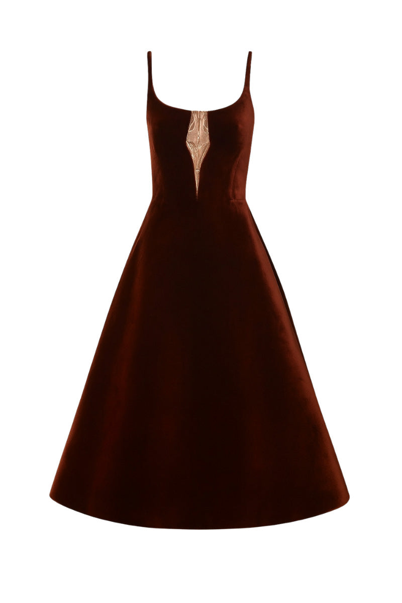 Brown velvet A-line midi dress with gold-belted detail, stylish and elegant Phan Huy midi dress design.