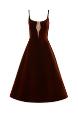 Brown velvet A-line midi dress with gold-belted detail, stylish and elegant Phan Huy midi dress design.