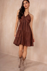 Misha Chocolate Halterneck Tiered Dress