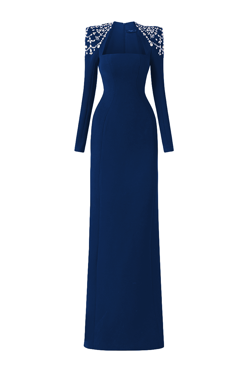 Navy blue long sleeve trapezoid neckline Tracy Studio bodycon maxi dress displayed on a model.