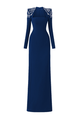 Navy blue long sleeve trapezoid neckline Tracy Studio bodycon maxi dress displayed on a model.
