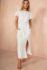 Sophia Cream Polka Dot Flutter Sleeve Midi Dress