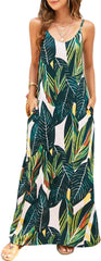 Women'S Summer Maxi Dress Casual V-Neck Sleeveless Bohemian Spaghetti Strap Floral Long Maxi Dress with Pockets