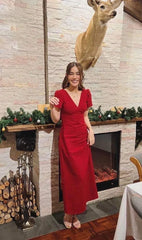 Red V Neck Party Dress Evening Prom Dress Custom Made