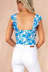 Giselle Blue Print Frill Sleeve Bodysuit