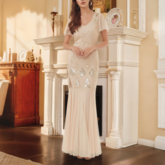 Beige Art Deco Sequin Mermaid Gown
