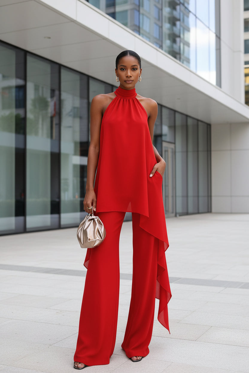 Women's backless sleeveless irregular top and pants two-piece set in black