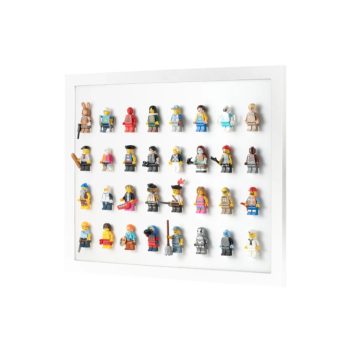 White LEGO minifigure display frame with 8 rows wide by 4 rows tall