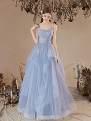 Blue A-Line Tulle Lace Long Prom Dresses, Blue Lace Formal Evening Dresses