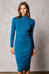 Teal Ribbed Mock Neck Sweater Dress