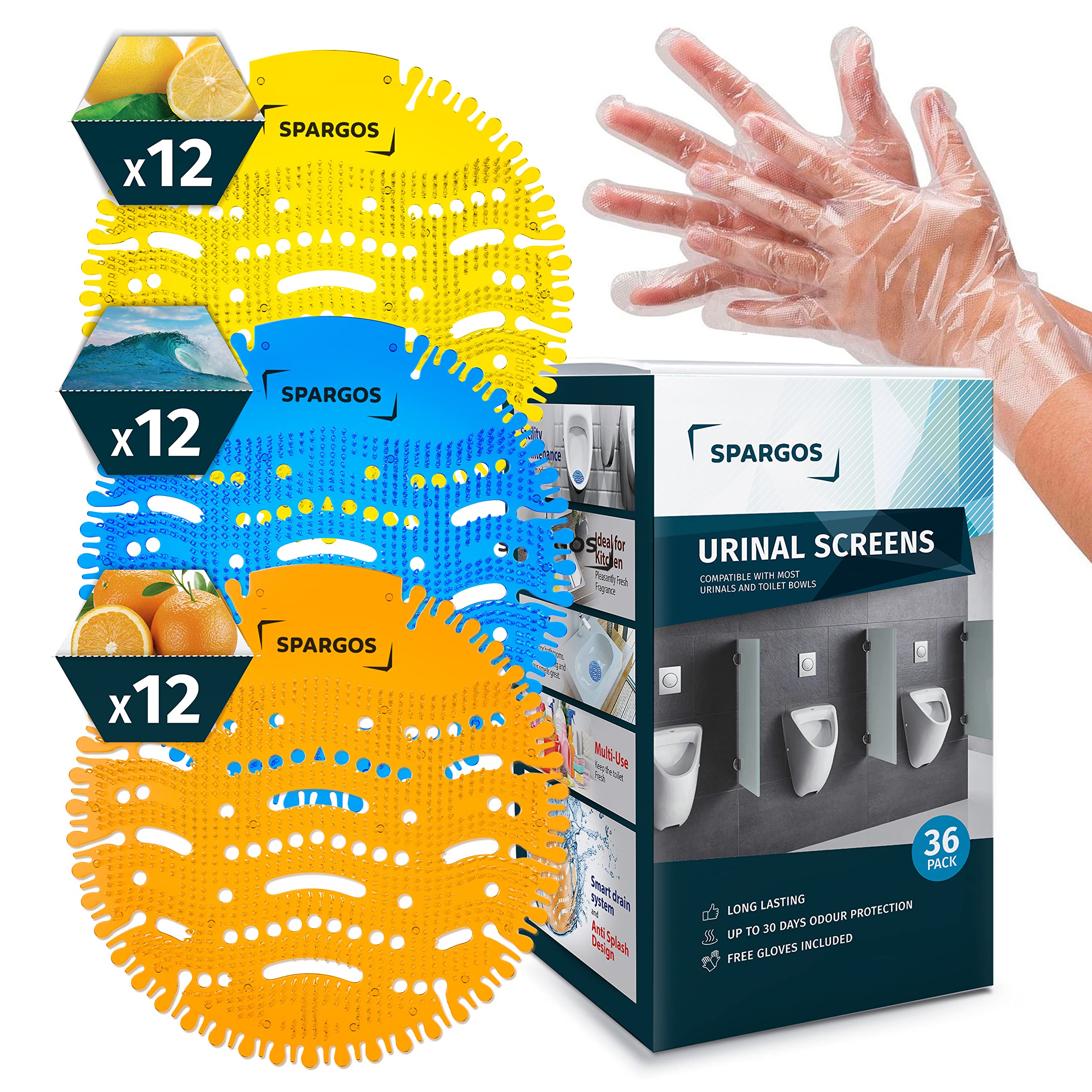 Urinal Screen Deodorizer (36 Pack) - Urinal Cakes - Fresh 3d Wave Anti-Splash - Odor Protection for Toilets in Bathroom Office Stadiums Schools with Free Gloves - 12pcs Blue 12pcs Lemon 12pcs Orange