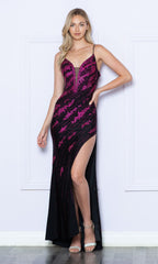 A woman stands against a white wall wearing the Long Black Prom Dress with Bright Beads 9276, featuring sequin detailing and a high slit.