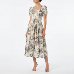 IVORY FLORAL PUFF SLEEVE MIDI DRESS – SQUARE NECK FIT & FLARE