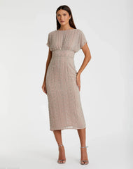 Beige Beaded Cap Sleeve Empire Waist Sheath Midi Dress - Mac Duggal