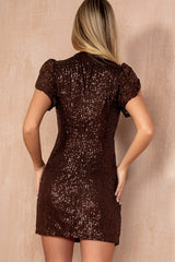 Ami Sequin Chocolate 3D High Neck Mini Dress