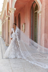 Fitted Wedding Dress with Long Puffy Sleeves, V-Neckline Fishtail Train Chantilly Lace Bridal Gown