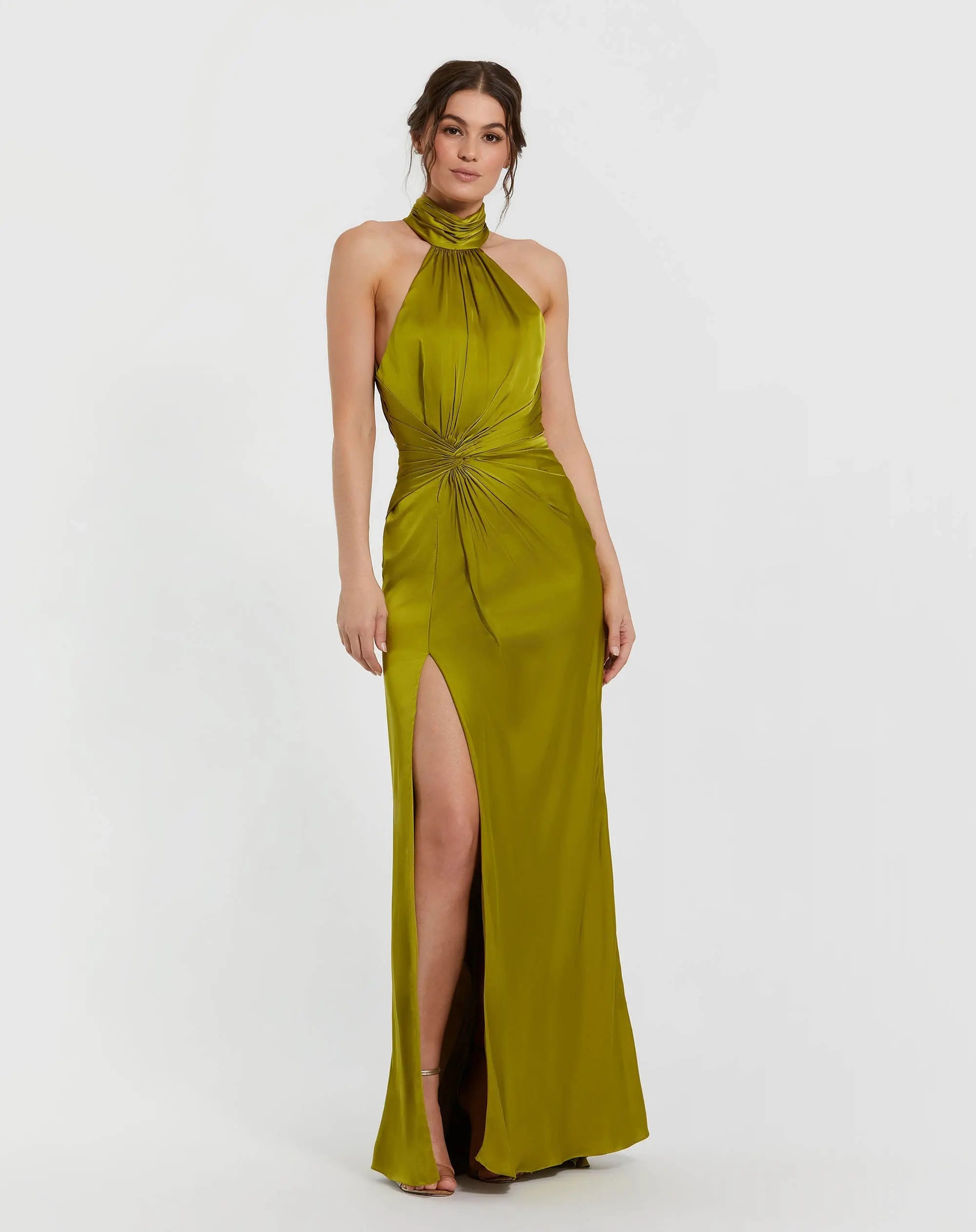 Petite Green Open Back High Neck Side Ruched Gown Ieena for Mac Duggal