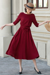 Red Linen Midi Dress - Fit and Flare Silhouette with Puffy Sleeves 4894