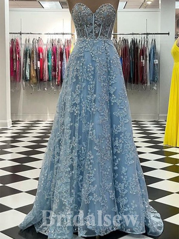 A-line Blue Lace Modest High Quality Pretty Elegant Long Evening Prom Dresses PD1211