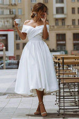 A-line Satin Off Shoulder Tea-Length Wedding Dresses, Wedding Gown, MW721 | satin wedding dresses | short wedding dress | tea length wedding dresses | www.musebridals.com