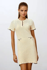 Short Sleeve A-Line Knitted Mini Dress - Beige