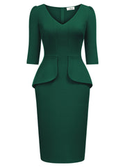 Women's Vintage V-Neck 3/4 Sleeve Fitting Cocktail Pencil Dress - Aisize