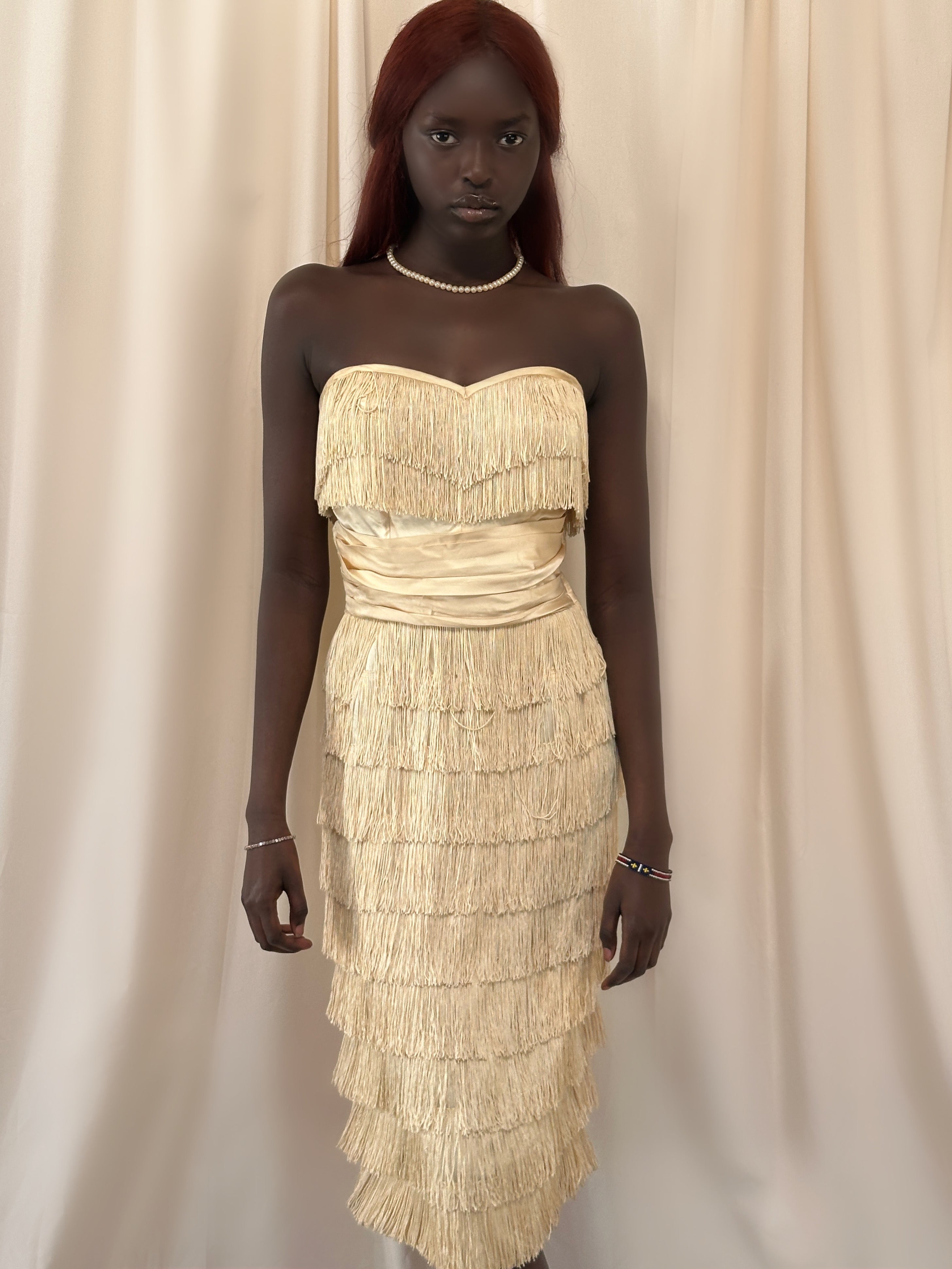 Vintage 1950s Silk Ecru Strapless Fringe Dress | Old Hollywood Glamour Evening Gown