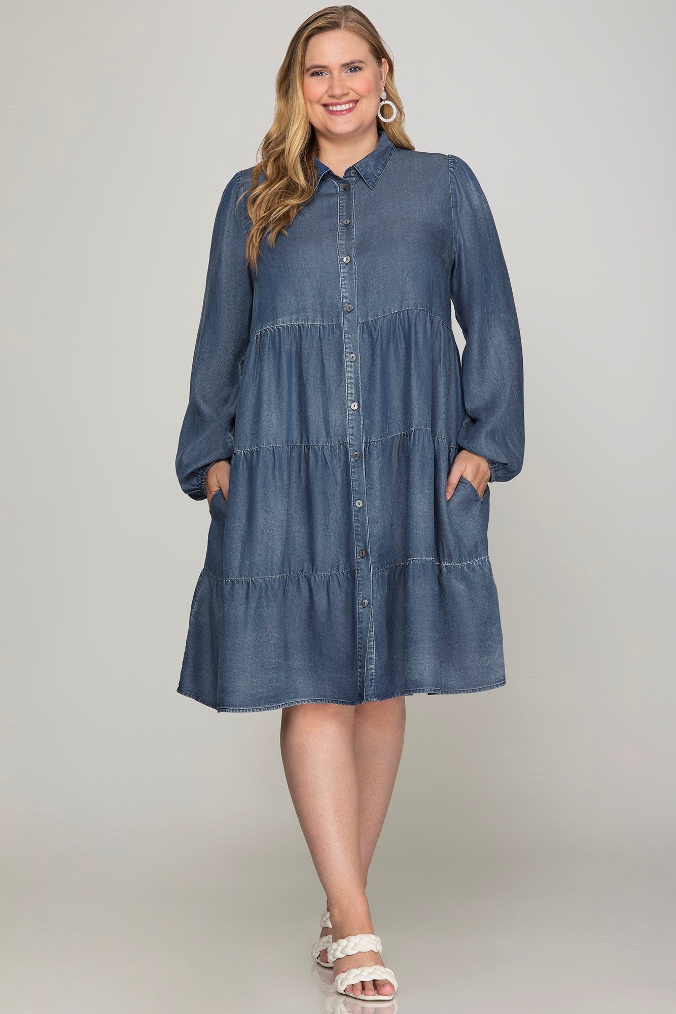 Plus Long Sleeve Denim Tiered Dress