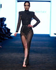 Long Sleeve High Slit Black Mesh Silver Rhinestone Dress
